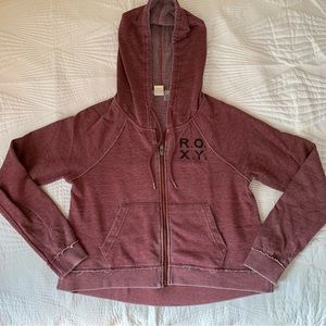ROXY Maroon/Dark Pink Distressed Cropped Zipper Hoodie Sweatshirt Jacket
